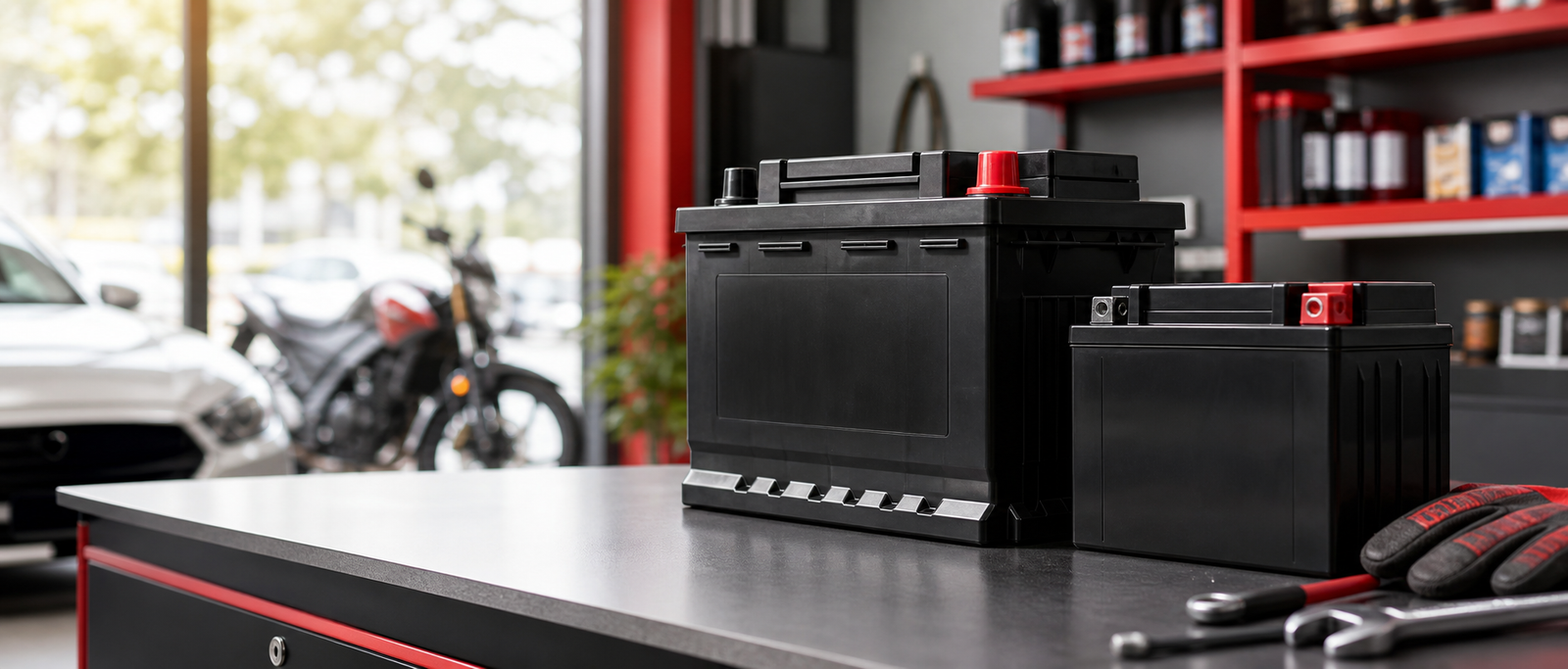 Car and bike batteries displayed in a professional service shop